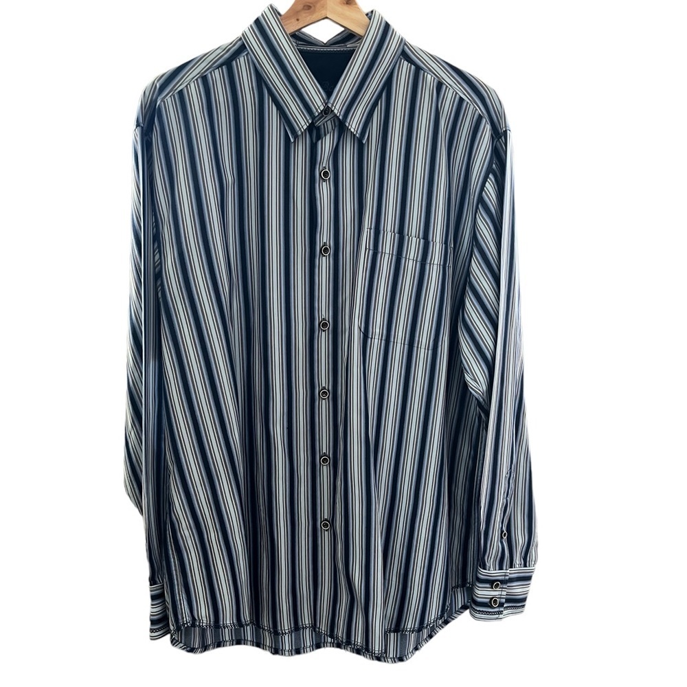 Tommy Bahama 100% Silk Men’s Striped Dress Shirt. Blue Black Large